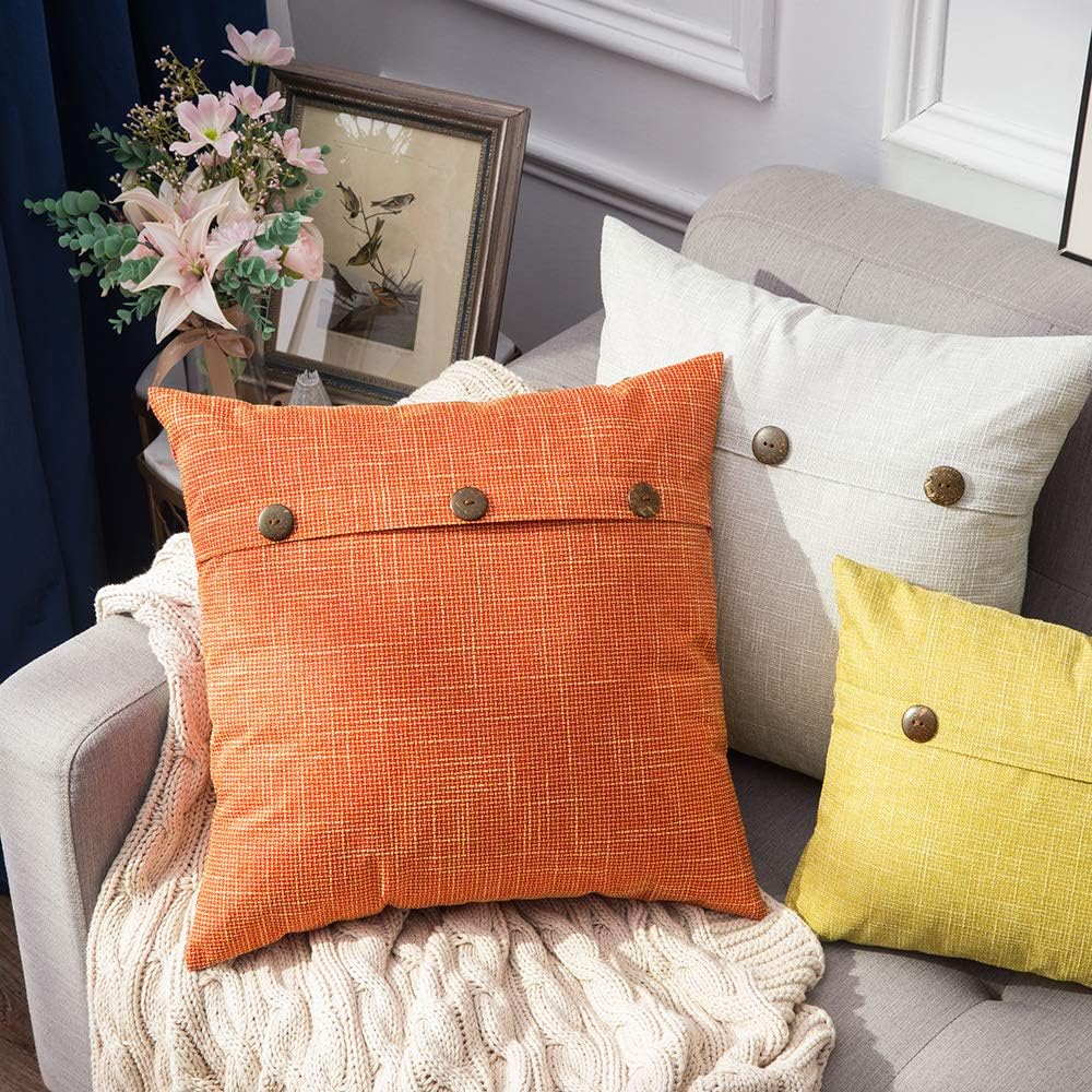 MIULEE Set of 2 Decorative Linen Throw Pillow Covers Spring Cushion Case Triple Button Vintage Farmhouse Pillowcase for Couch Sofa Bed 22 x 22 Inch Greyish White