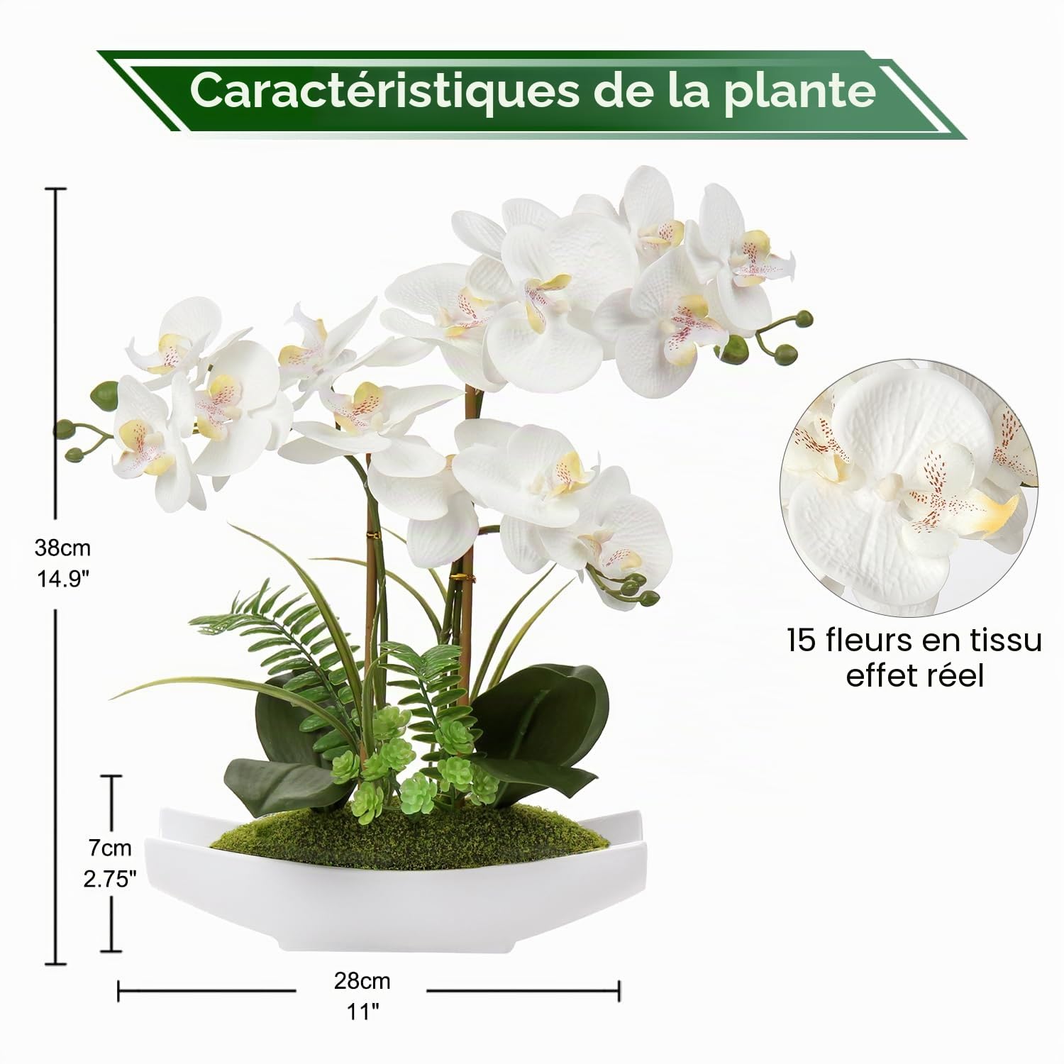 Briful Arrangement d’orchidées phalaenopsis artificielles en Plastique Soyeux dans Un Pot en céramique Blanc pour Maison, Bureau, décoration de Mariage