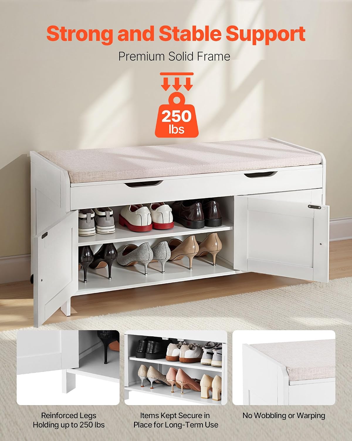 VEVOR Shoe Storage Bench with Padded Cushion & 3 Barn Doors, Entryway Bench with Hidden Storage, 41.3 x 13.8 x 19.8 Inches, for Entryway, Hallway, Living Room, Bedroom image 5