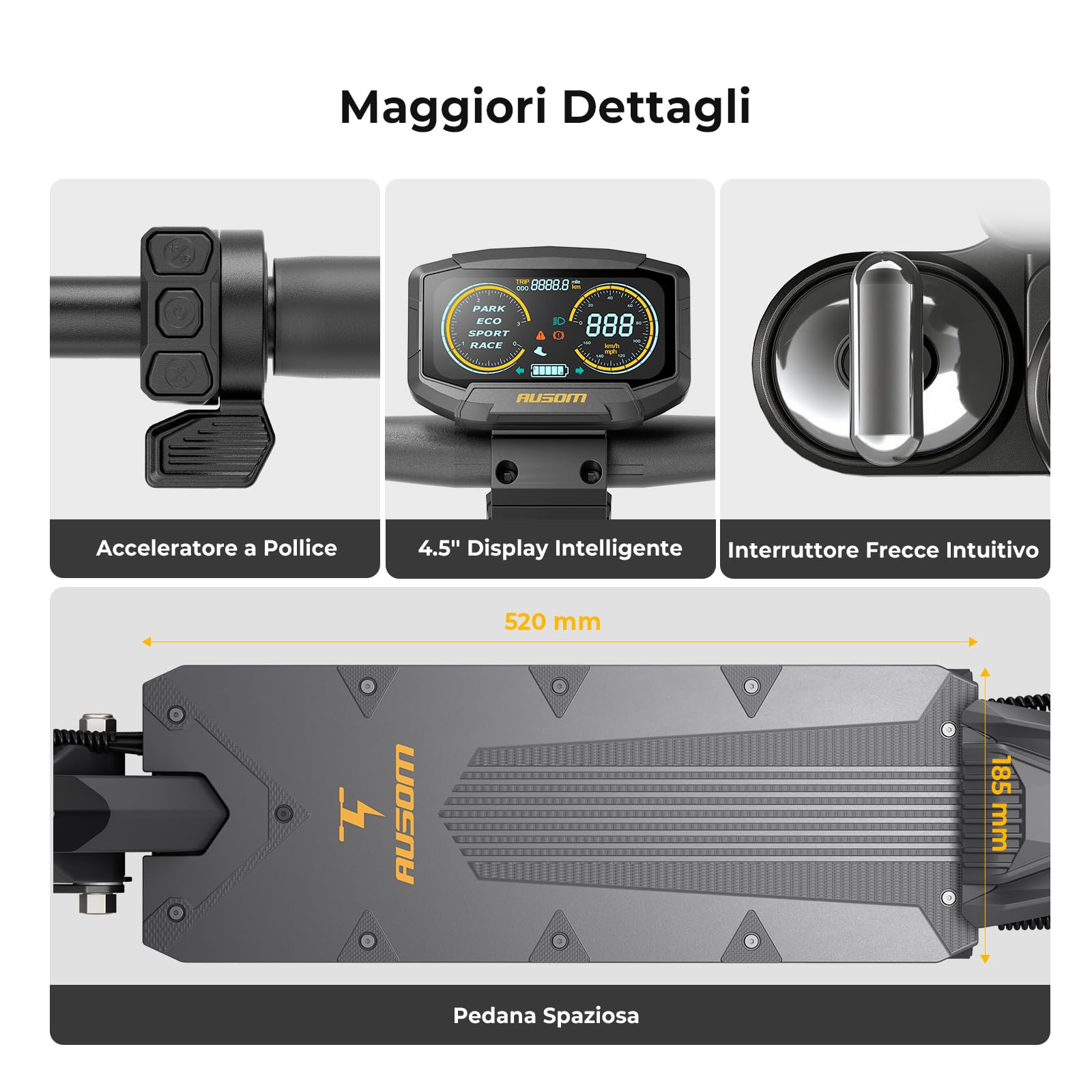 Monopattino Elettrico, Ausom K20/K20 Pro, 90KM /70KM Autonomia, Sospensione ShocFree, Pneumatici 10" Antiforatura, Freni a Disco+E-ABS