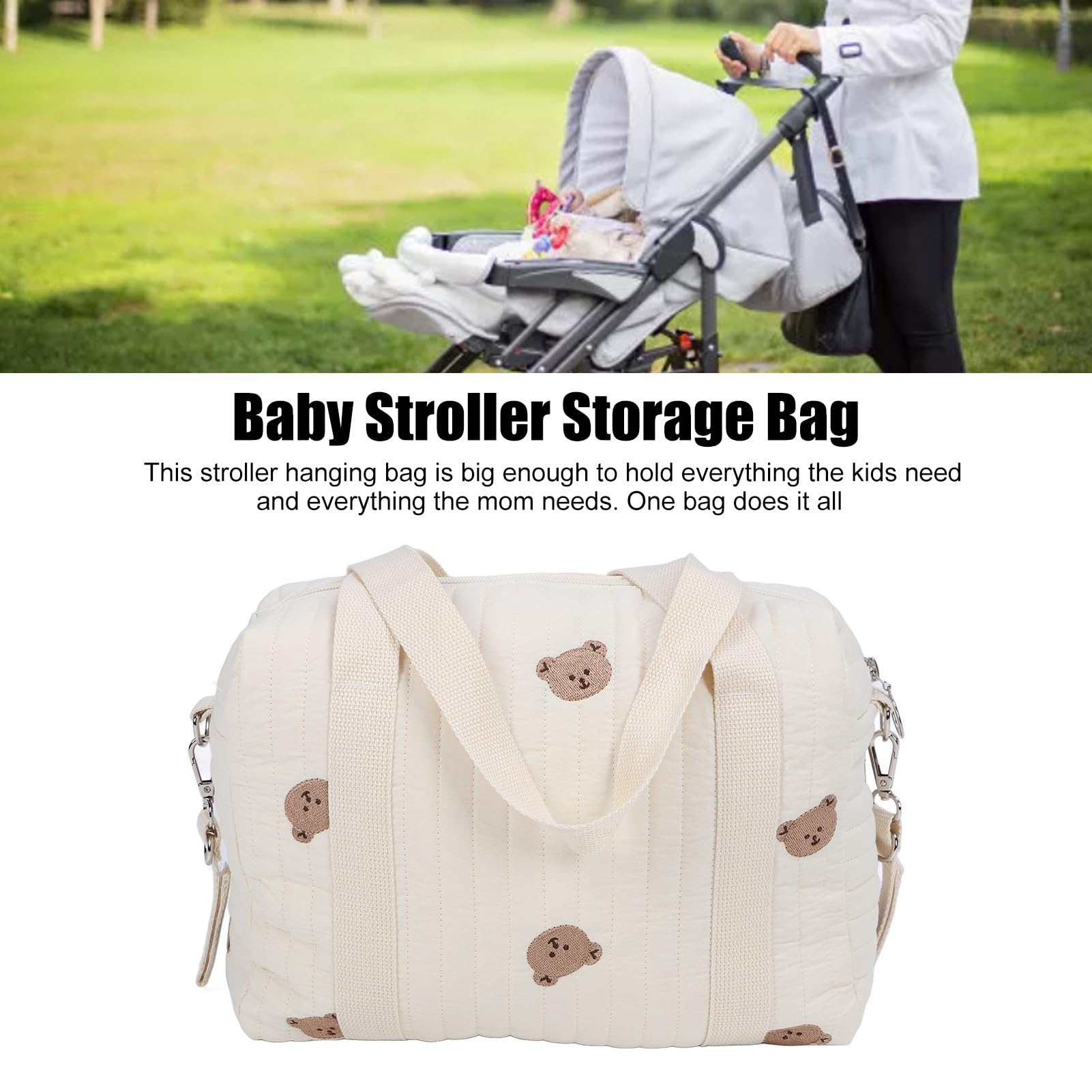 Borsa portaoggetti per passeggino universale con cerniera ricamata – Organizer per carrozzina, sacca accessori neonato, borsa multifunzione per passeggino, Bear Bag