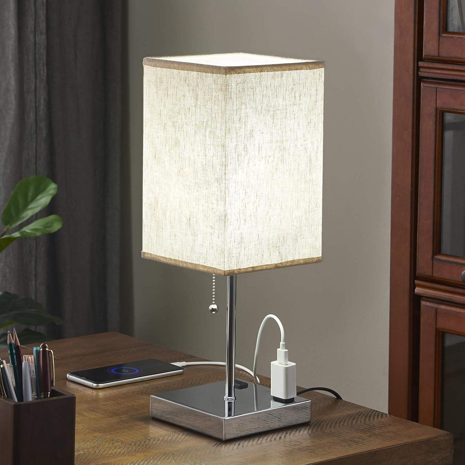 Table Lamp with Outlet Charging Ports, Aooshine Bedside Lamp with Dual 2-Prong Charging Ports, Lake Green Shade & Sliver Base, Minimalist & Modern Table Lamp Suitable for Bedroom.（Bulb not Included)） - - 