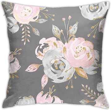 Golden Blush Roses Floral On Gray Summer Watercolor Glitter Flowers Throw Pillow Covers and Cases Modern, Decorative Cover Sets for Pillows - Couch, Bed, Home Decor 18"X18", Set of 2