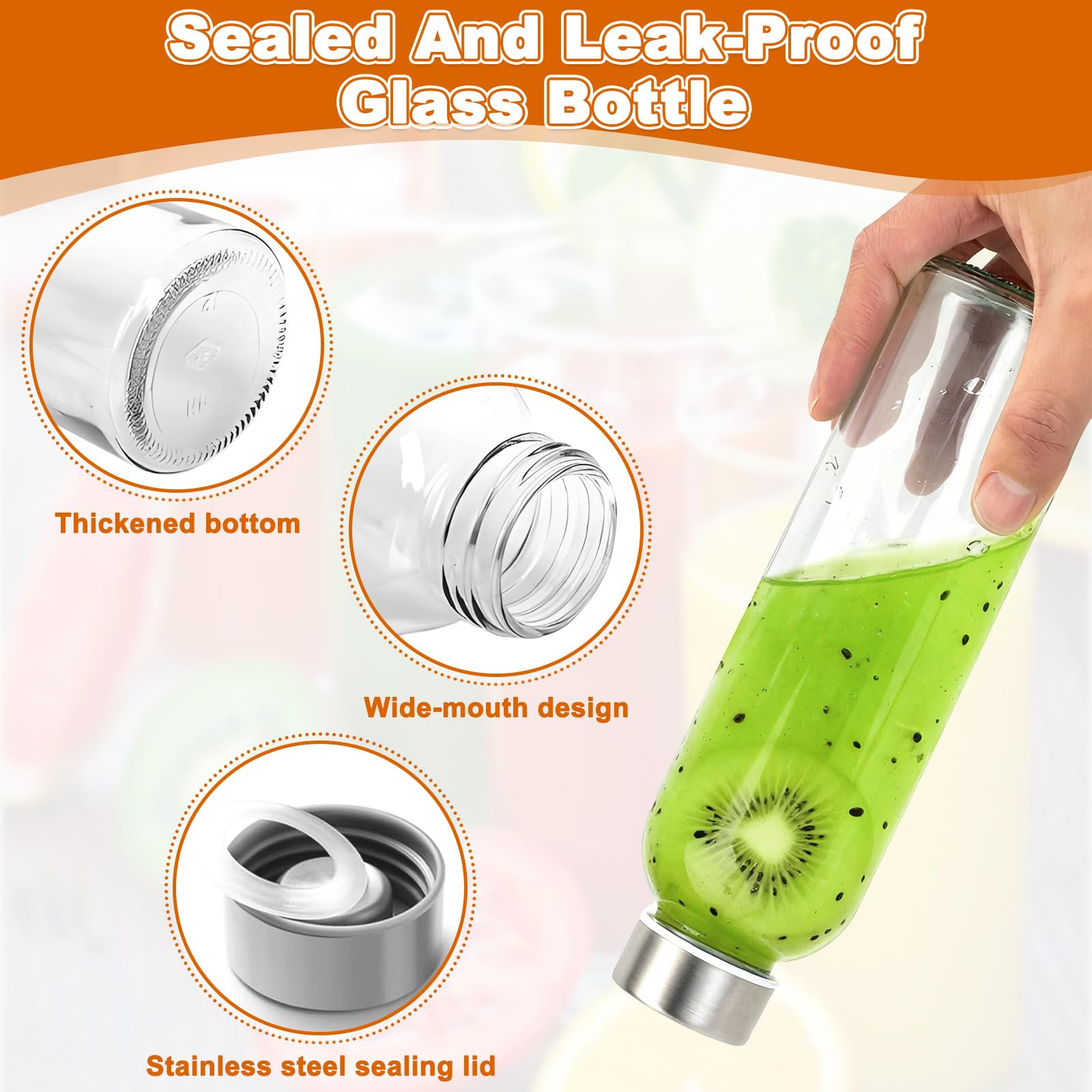 Botella de jugo de vidrio de 6 piezas, botella de agua transparente de 500 ml con tapa sellada de acero inoxidable, cepillo de limpieza, embudo y bandeja para paletas