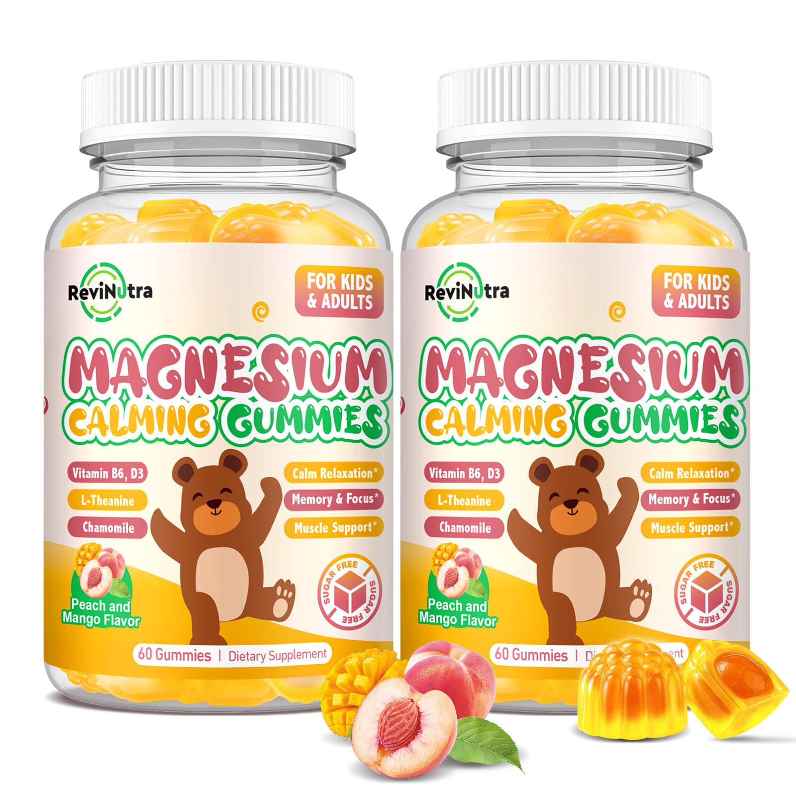 Magnesium Gummies for Kids - Magnesium Glycinate Gummies with L-Theanine, Vitamin B6, D3 for Kids & Adults Sleep, Calm, Relaxation, Stress, Brain, Bones, Muscle Relief, Sugar Free Peach & Mango 120ct Peach & Mango 60 Count (Pack of 2)