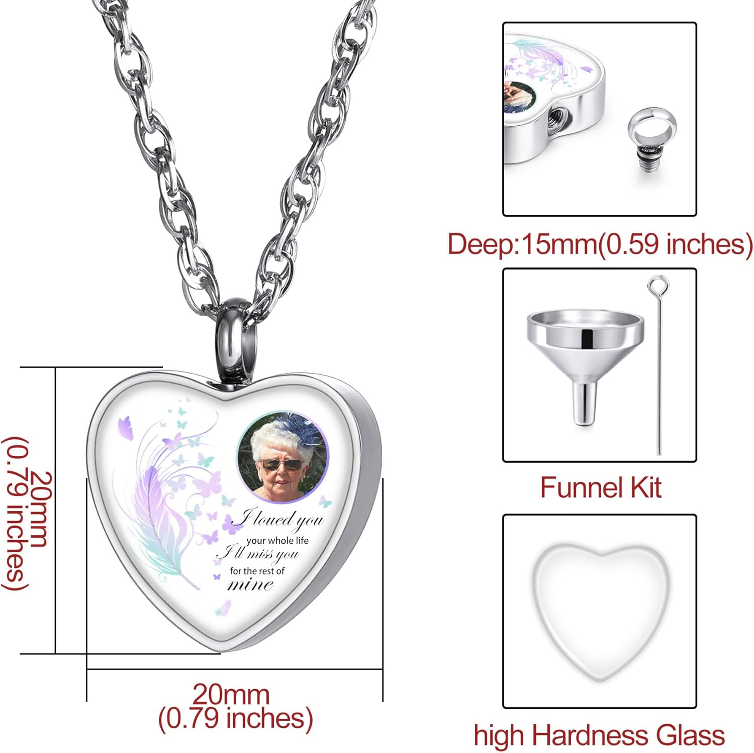 MeMeDIY Personalized Angel Wing Pendant Heart Urn Necklace Bracelet Engraving Photo/Name Custom Birthstones for Men Women Pet Stainless Steel Ashes Memorial Keepsake Cremation Funnel Kit