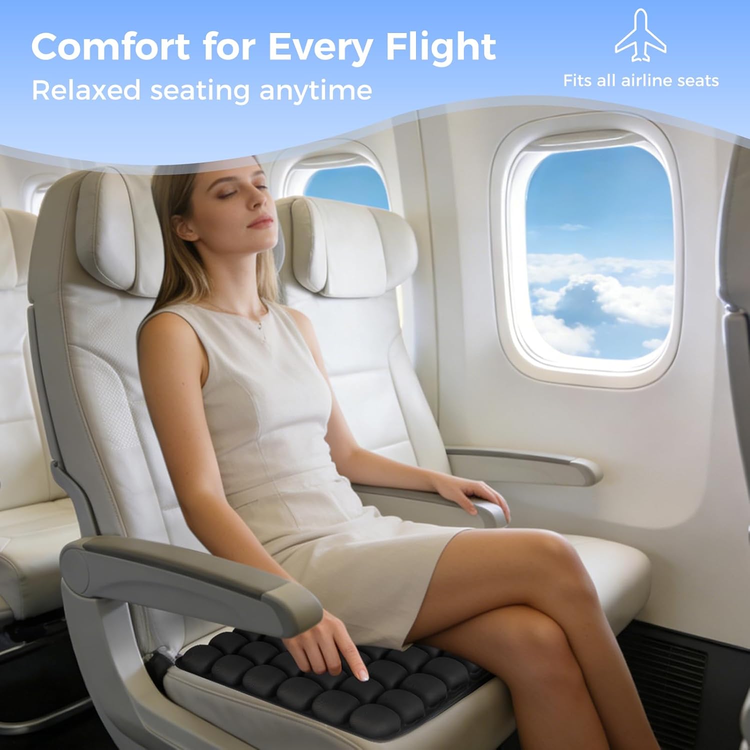 Airplane Seat Cushion for Long Flights, Travel Seat Cushion for Airplane, 49 Airbags, Ergonomically Designed, Relieves Sciatica, for Office, Wheelchair, Cars (1)