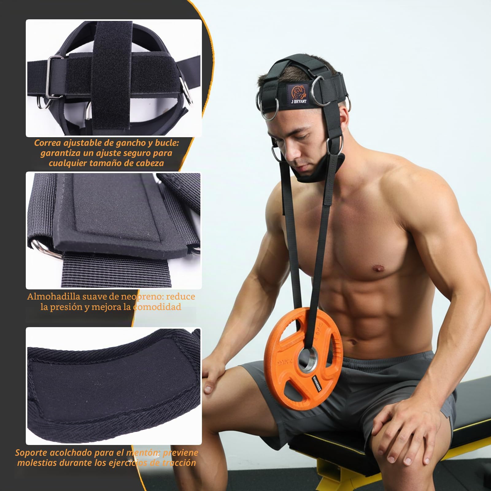J Bryant Arnés de cuello con banda de resistencia – Entrenador de fuerza de cuello de 360° para gimnasio y entrenamientos en casa, arnés de cabeza ajustable con correa de barbilla (sistema de polea)