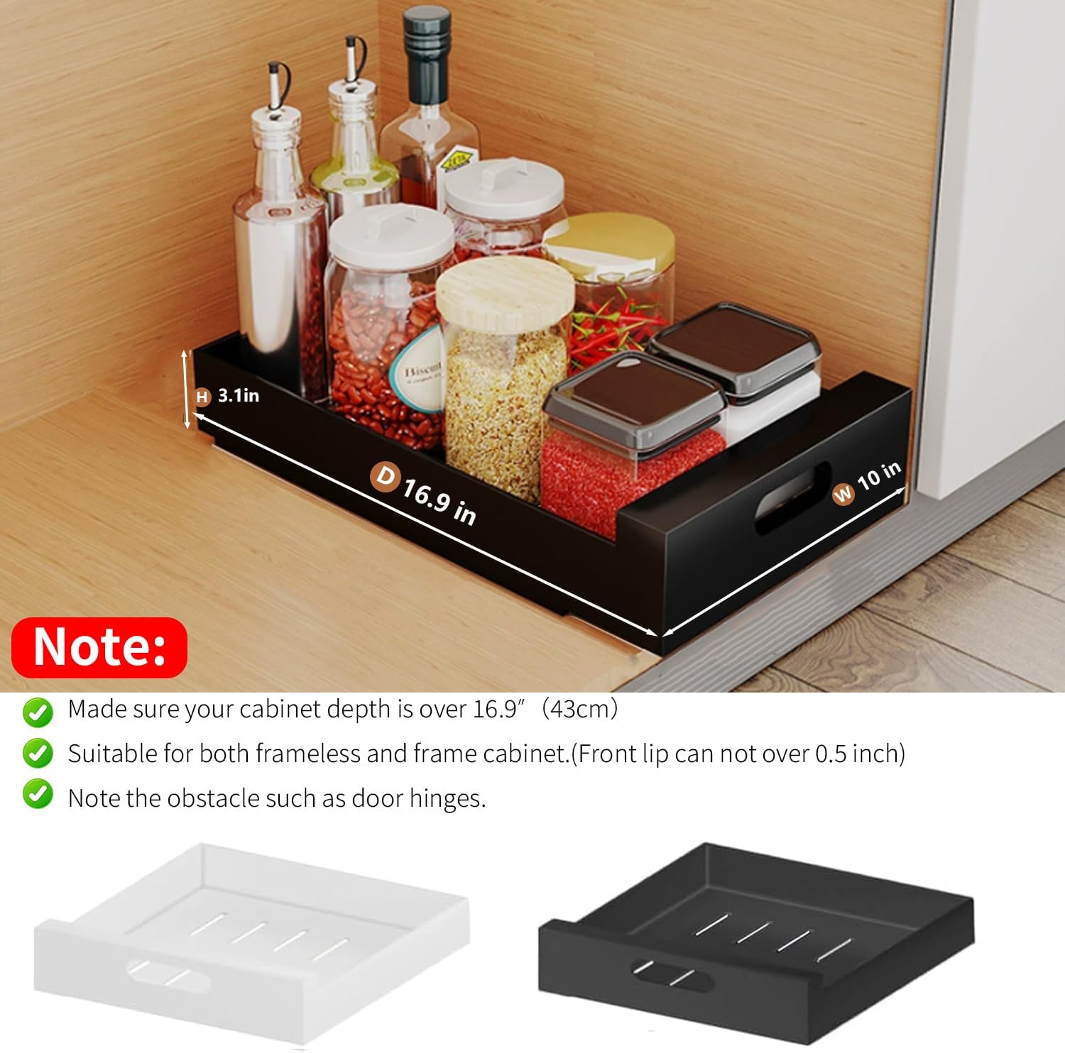 2 Pack Pull Out Drawers for Cabinets, 10" W x16.9" D Pull Out Cabinet Organizer Adhesive for Narrow Face Frame or Frameless Cabinets, Sturdy Pull Out Shelves for Kitchen,Pantry and Bathroom Vanity