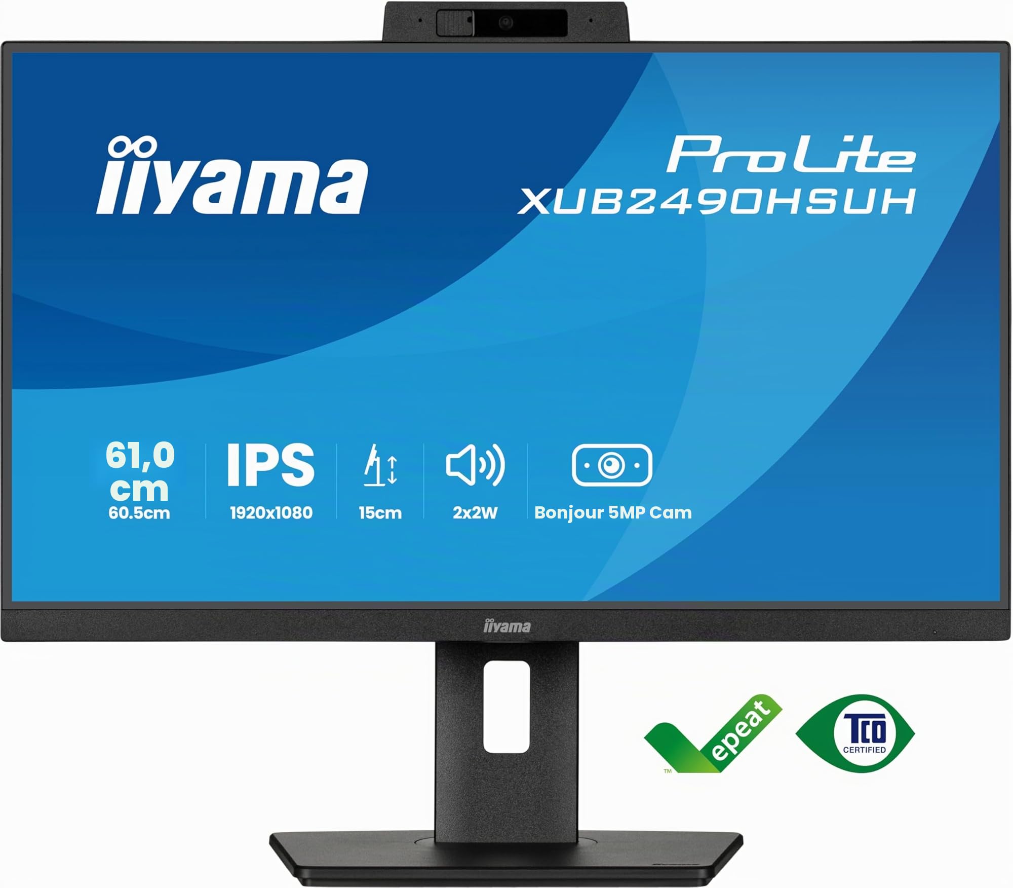 Ecran iiyama 24'' Prolite XUB2490HSUH-B2 IPS Full HD@100Hz DP/HDMI Hub USB Pied réglable, Flicker Free Blue Light, Speakers, Webcam Hello Windows biometrique