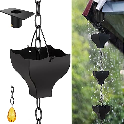 Cadena de lluvia negra de 8.5 pies para canaletas en el exterior, cadenas de lluvia de barril de copas negras, reemplazo funcional y decorativo para