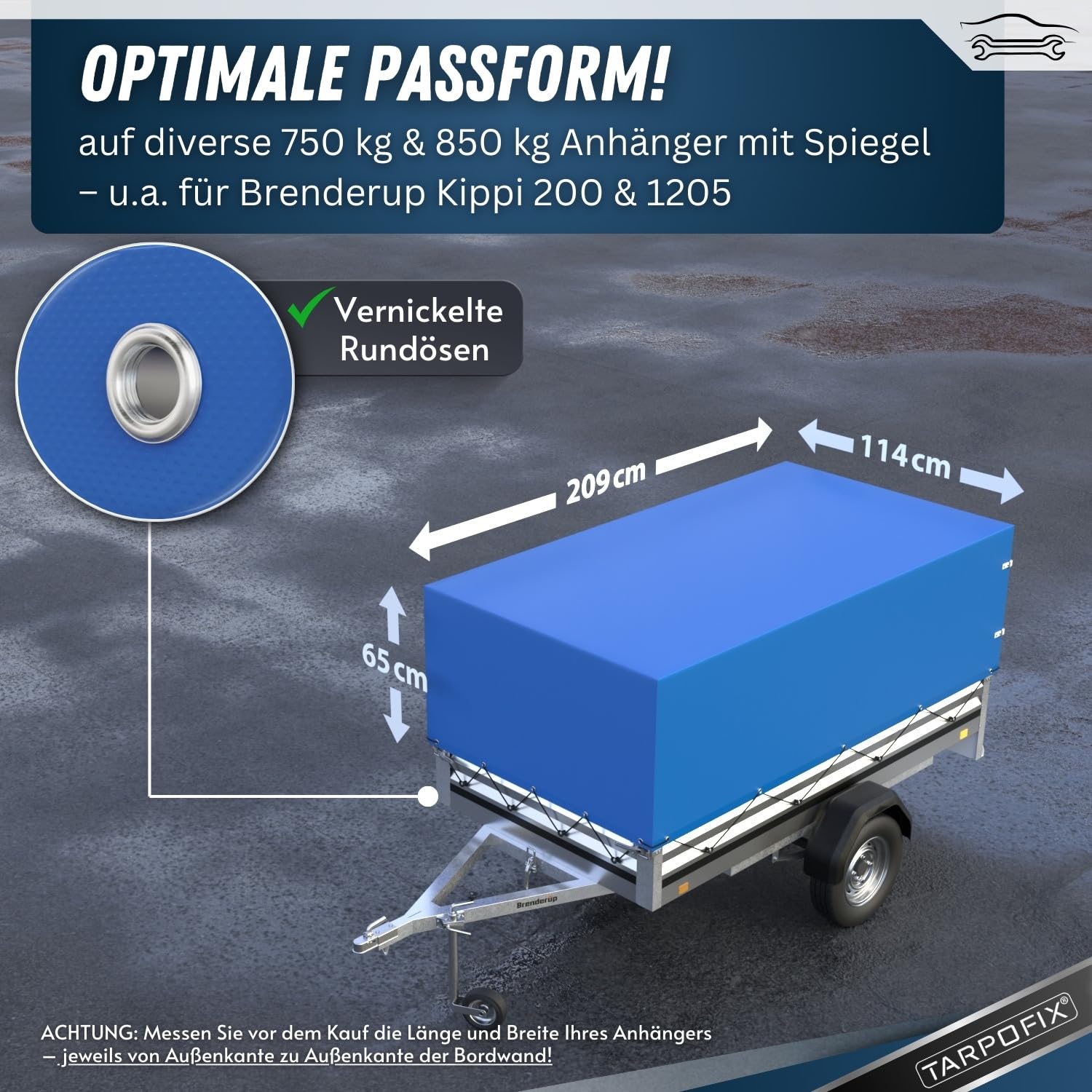 Tarpofix® Anhänger Plane 209x114x65 cm inkl. Planenseil | Anhängerplane Hochplane aus PVC PLANENMATERIAL | Verstärkte Stema Hänger Abdeckplane für 750kg PKW Autoanhänger | Abdeckung Blau