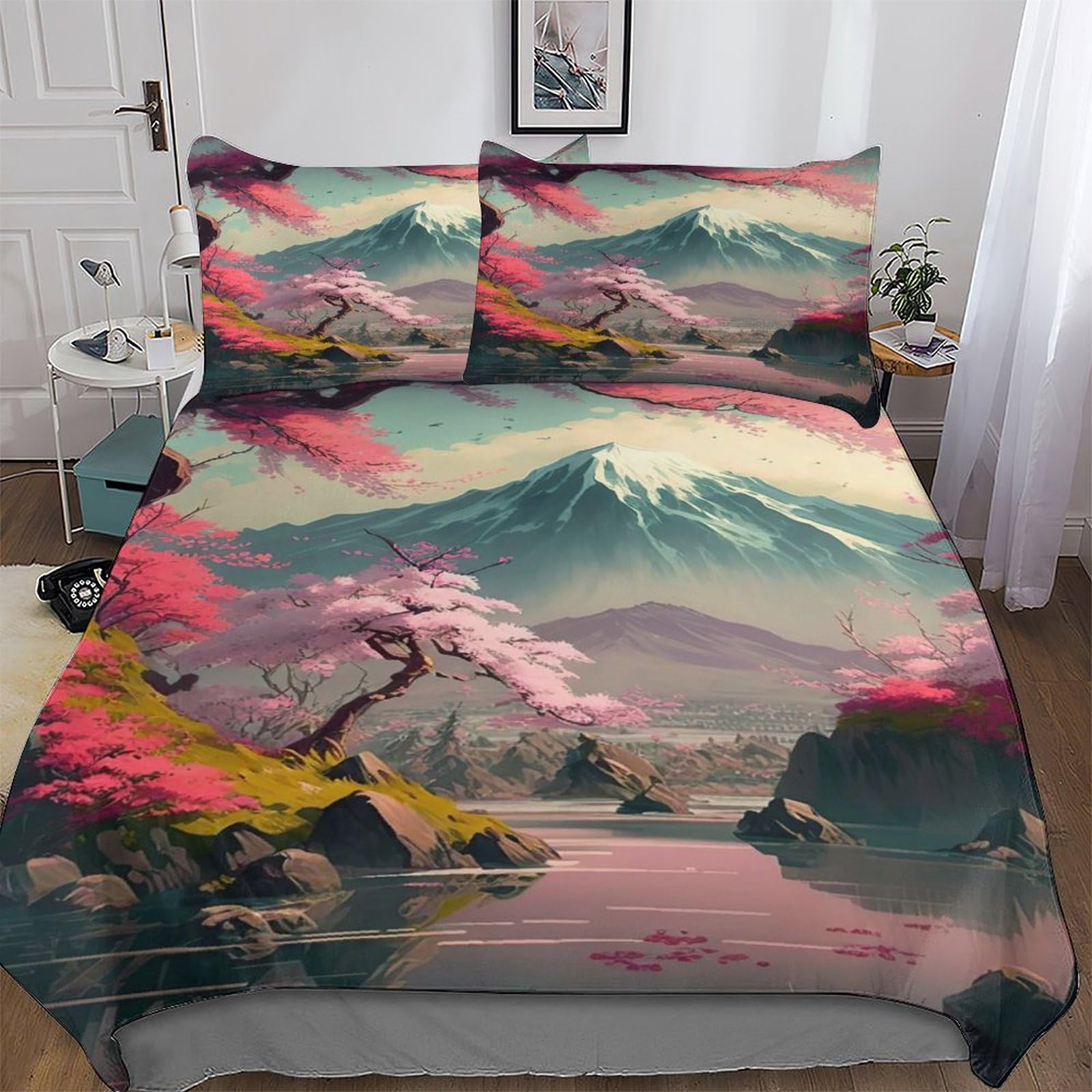 Housse de couette motifs cerisier japonais King 220x240 en microfibre