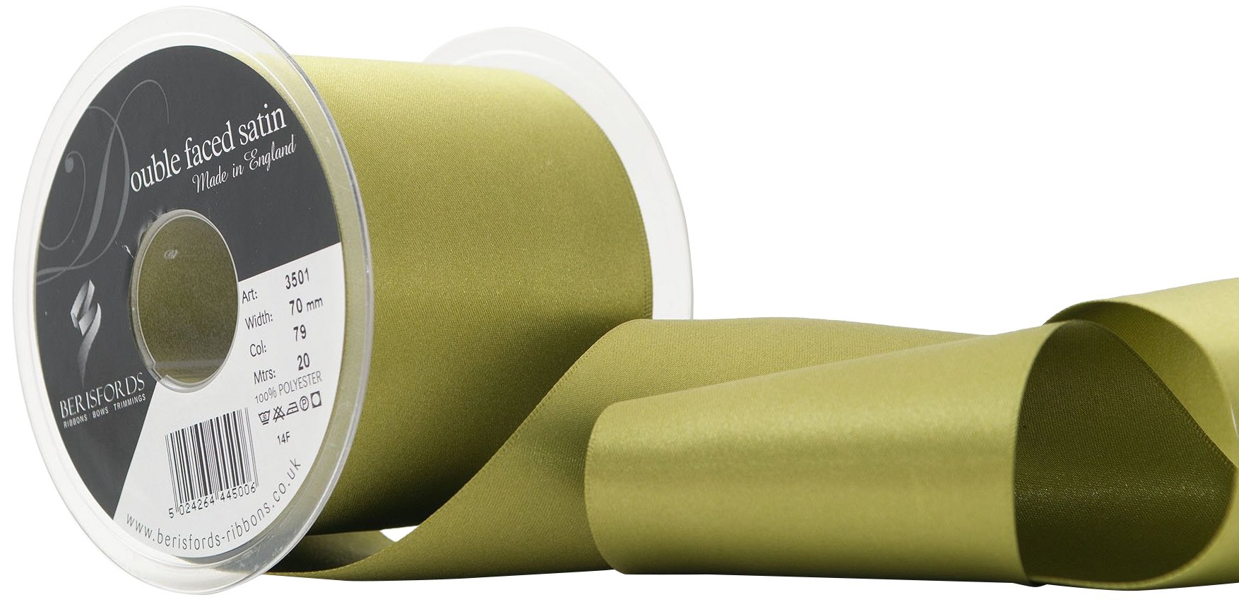 Berisfords Double Faced Satin Ribbon, Moss, 70 Mm Width, 20 Metre Length