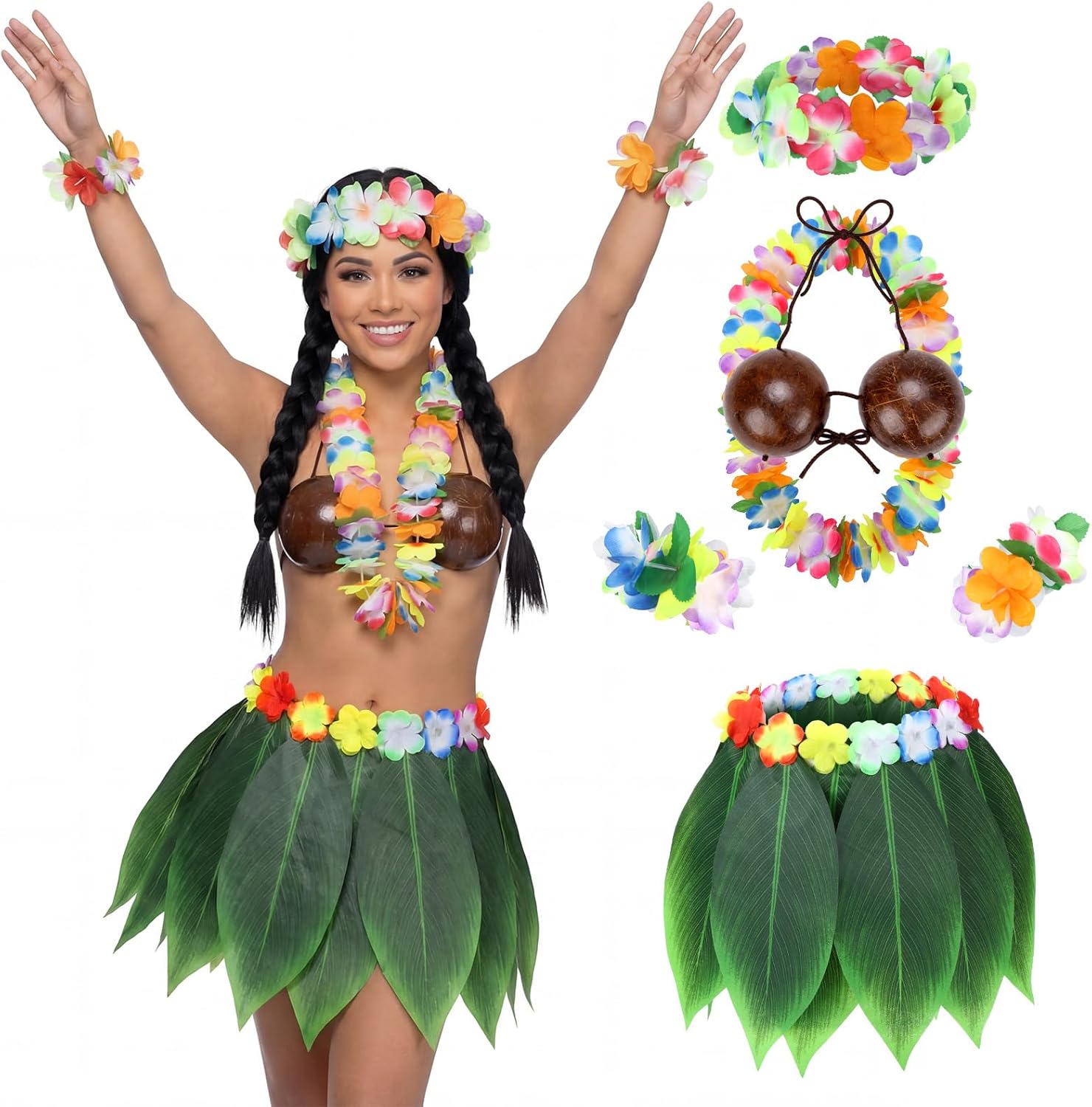 Shihanee Hawaiian Hula Grass Skirt Set Coconut Bra Tropical Leaf Hula Skirt with Artificial Hibiscus Flowers Leis for Women
