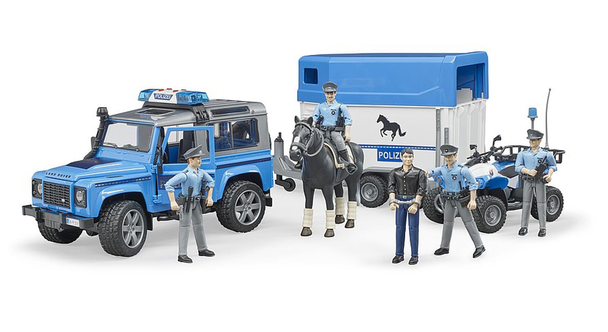 bruder 02588 - Land Rover Defender veicolo della polizia, rimorchio per cavalli, 1 cavallo, 1 poliziotto, modulo luci e suoni