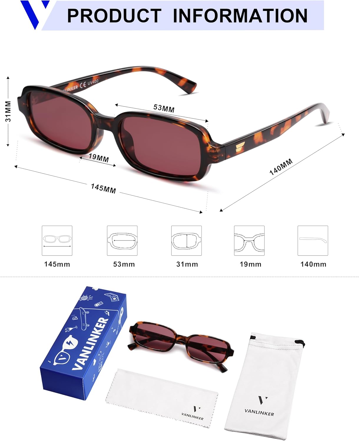 VANLINKER Retro Rectangle Polarized Sunglasses for Women Men Small 90s Style Vintage Trendy Narrow Rectangular Frame VL9813 - Image 5