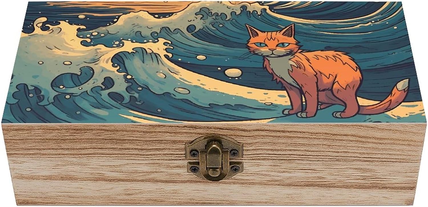Vintage Wooden Storage Box Anime Style Cat Printed Keepsake Box Large Jewelry Box with Lid And Front Clasp Office Desk Organizer Bins Wood Decorative Gift Box