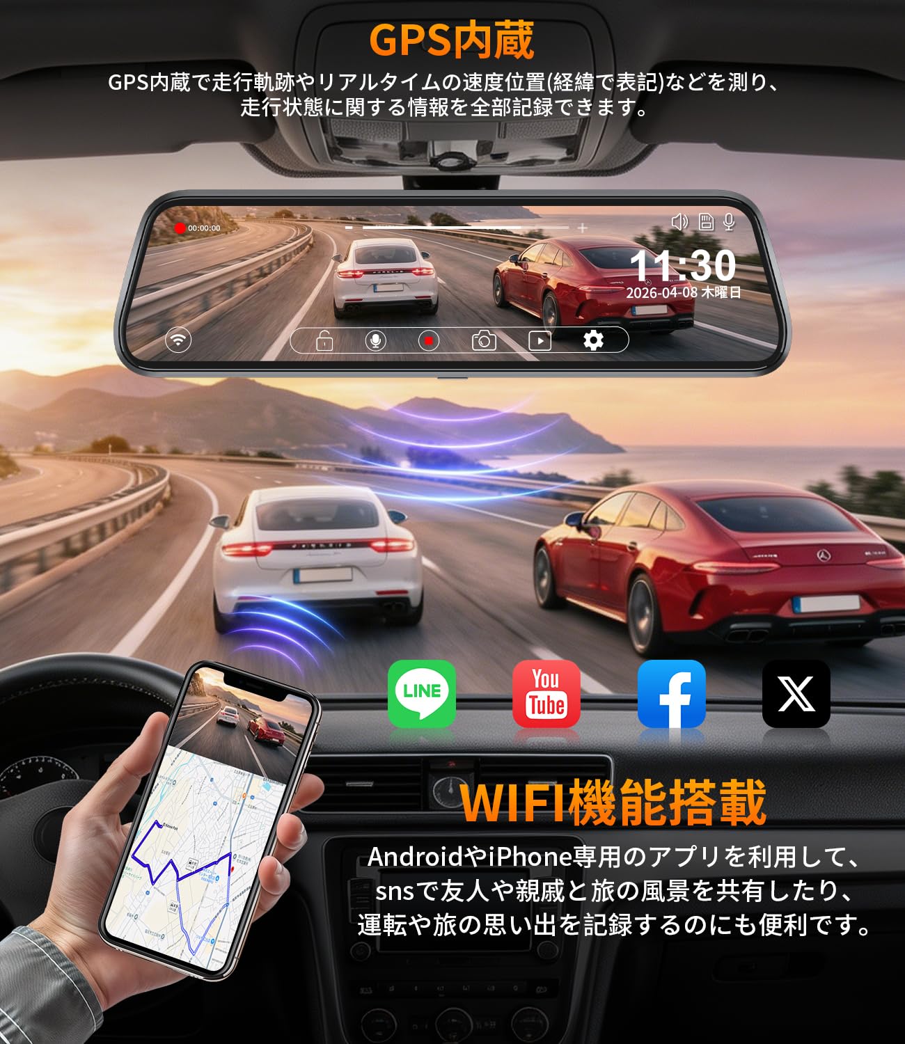 Amazon.co.jp: NZACE 4K ドライブレコーダー ミラー型 前後カメラ