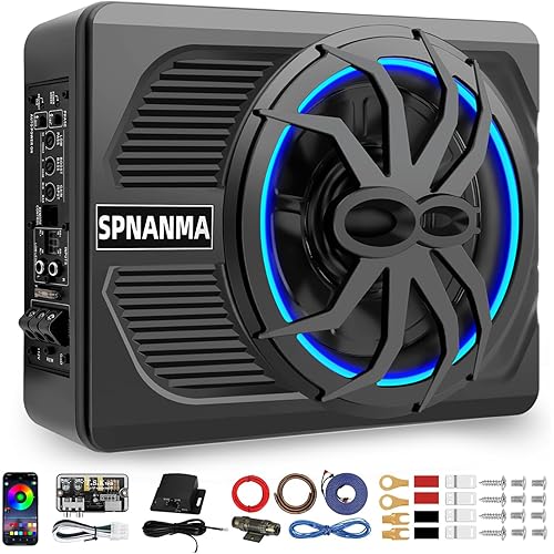 2025 Upgraded 1200W 10"Slim Underseat Car Subwoofer and Amp Package, Advanced Cooling for Thunderous Bass, Built-in Amplifier with Ambient Light & Bass Control Low (Pass/Gain/Boost) Fits Truck