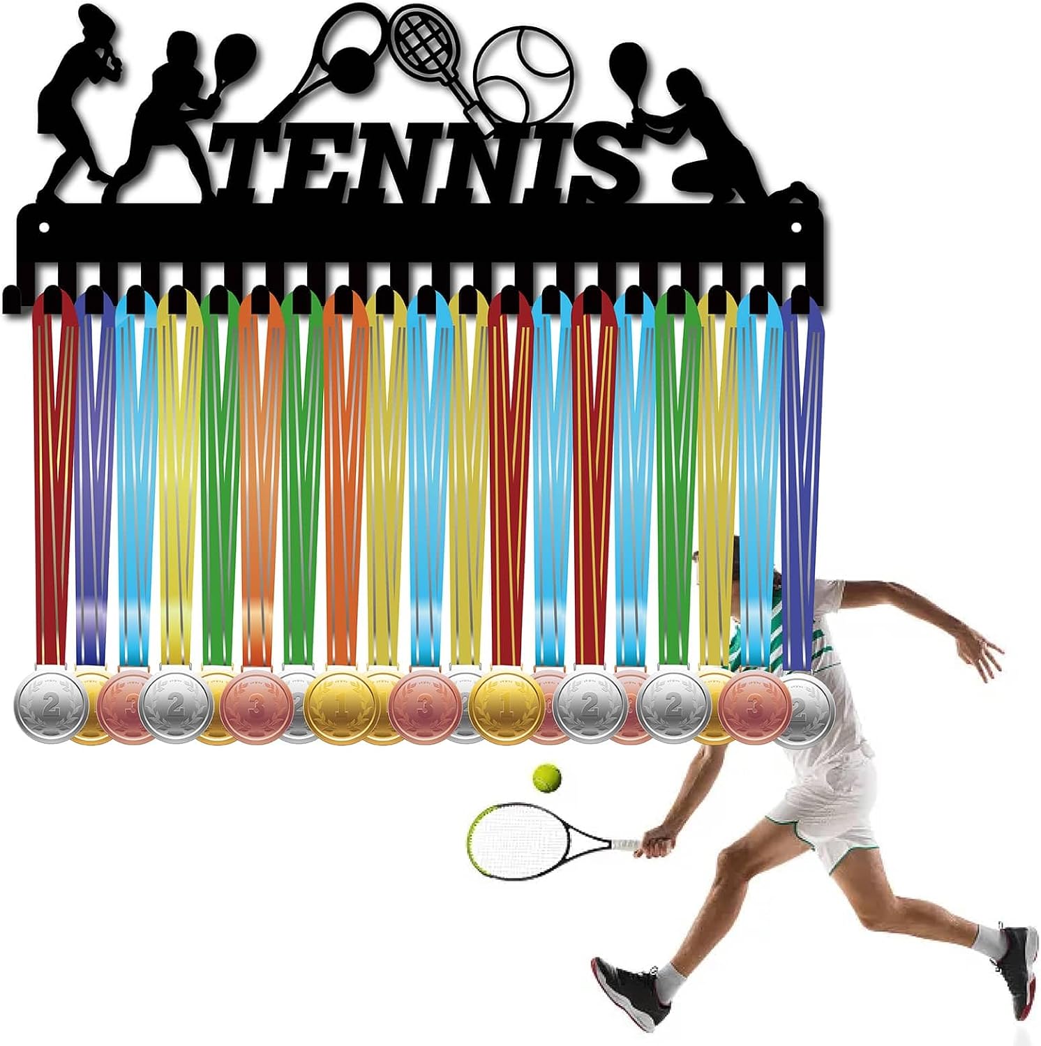 CREATCABIN Tennis Medal Holder Competition Medal Hanger Display Rack Sports Hanging Athlete Awards Iron Wall Mount Decor with 20 Hooks for Badge Swimming Gymnastics Medalist Black 15.7x5.9Inch