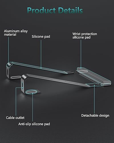 Miniatura 8 de Soporte de aluminio para laptop, soporte para portátil con reposamuñecas, soporte ergonómico desmontable para laptop, soporte de computadora