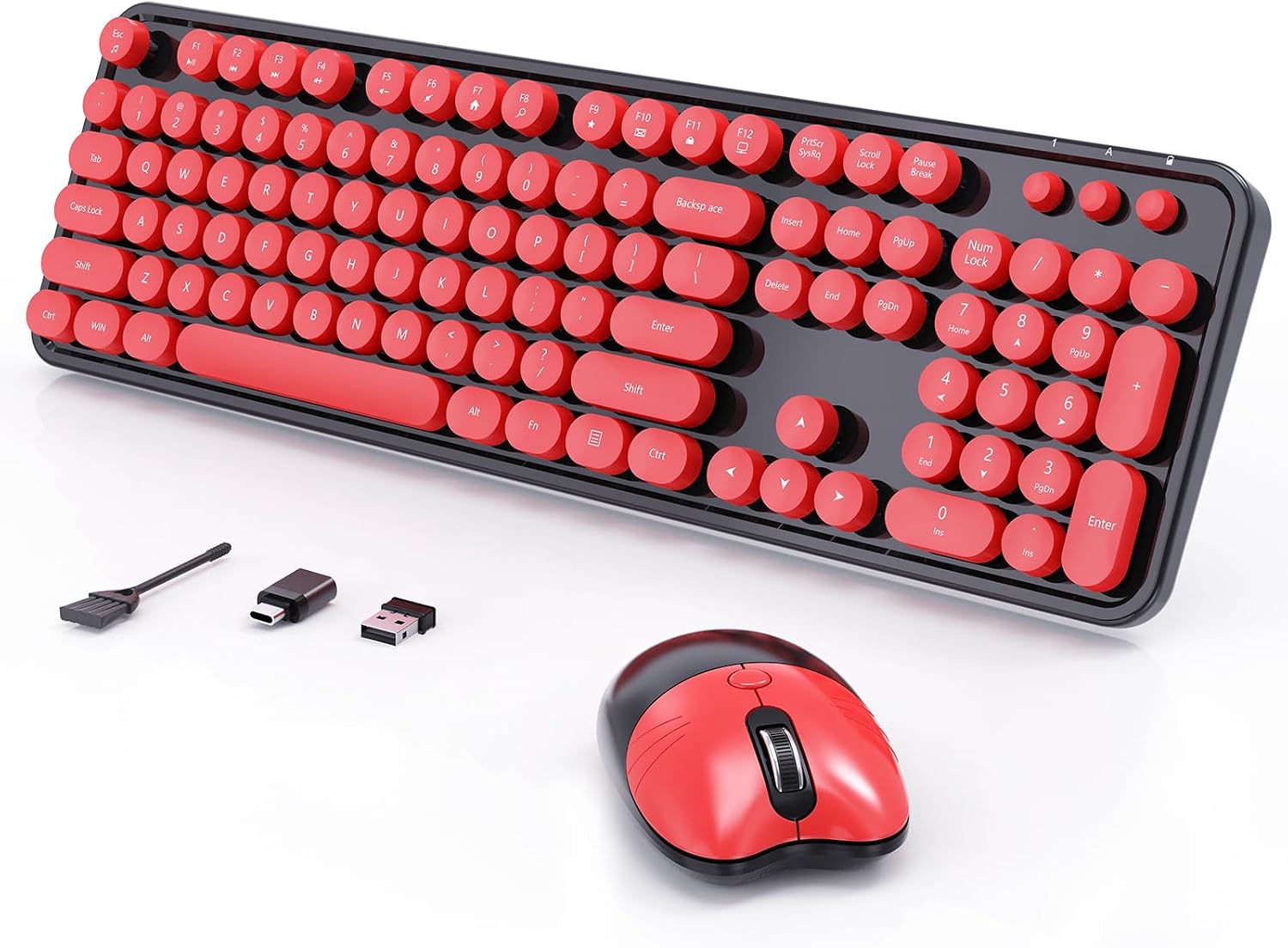 Wireless Keyboard Mouse Combo, 104 Keys Cute Colorful Typewriter Black Red