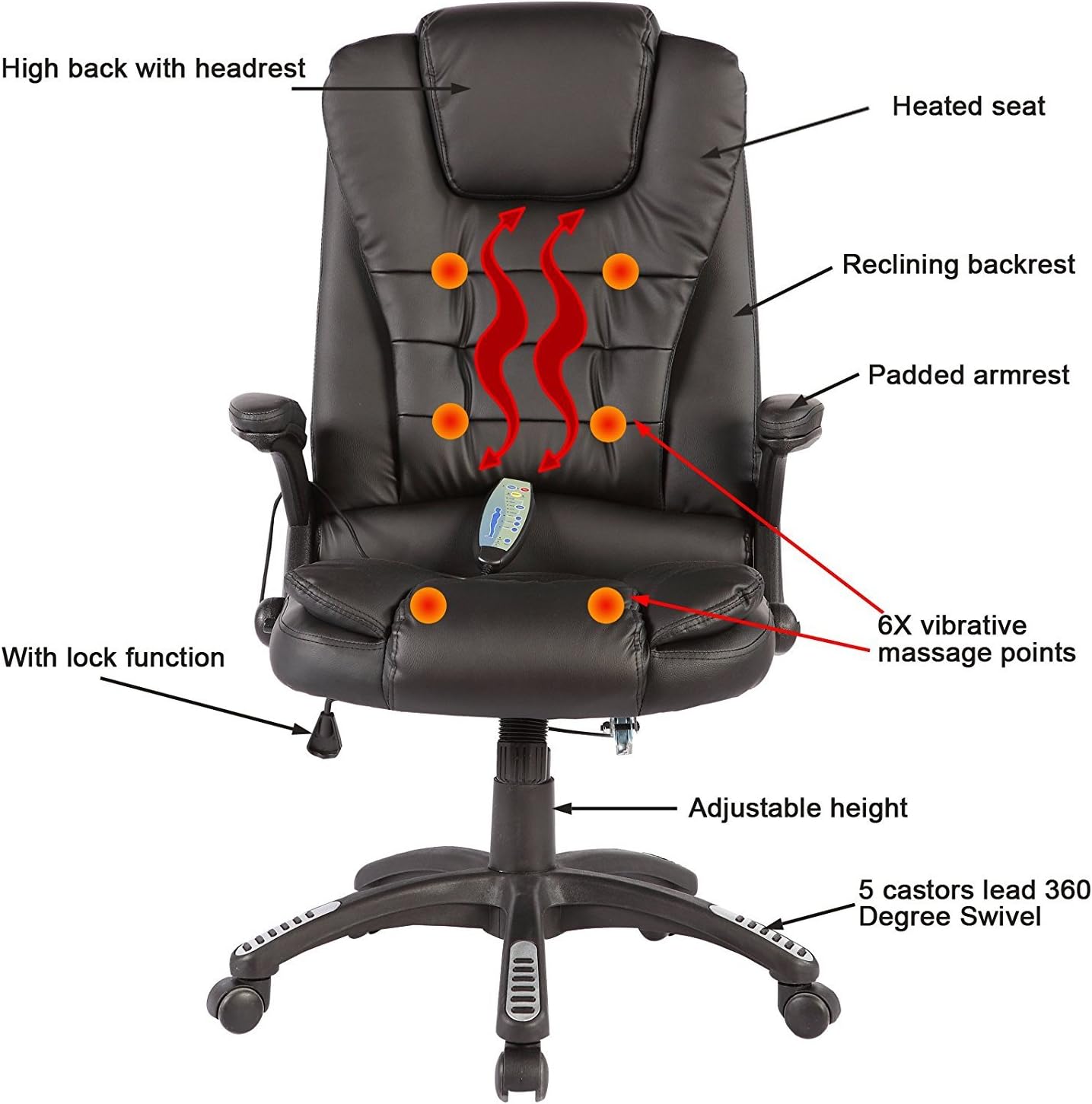 Massage Recliner Gaming Chair Leather Office Chair Heated Executive Adjustable High Back 6 Vibrating Black