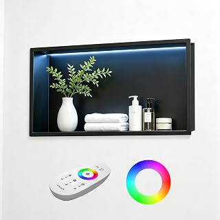 Duschnische Edelstahl mit RGB LED, Wandnische für das Bad | 20 dynamische Beleuchtungsmodi, Wandnische Dusche mit Fernsteuerung und Farbwechselbeleuchtung, 60cm×30cm, Schwarz