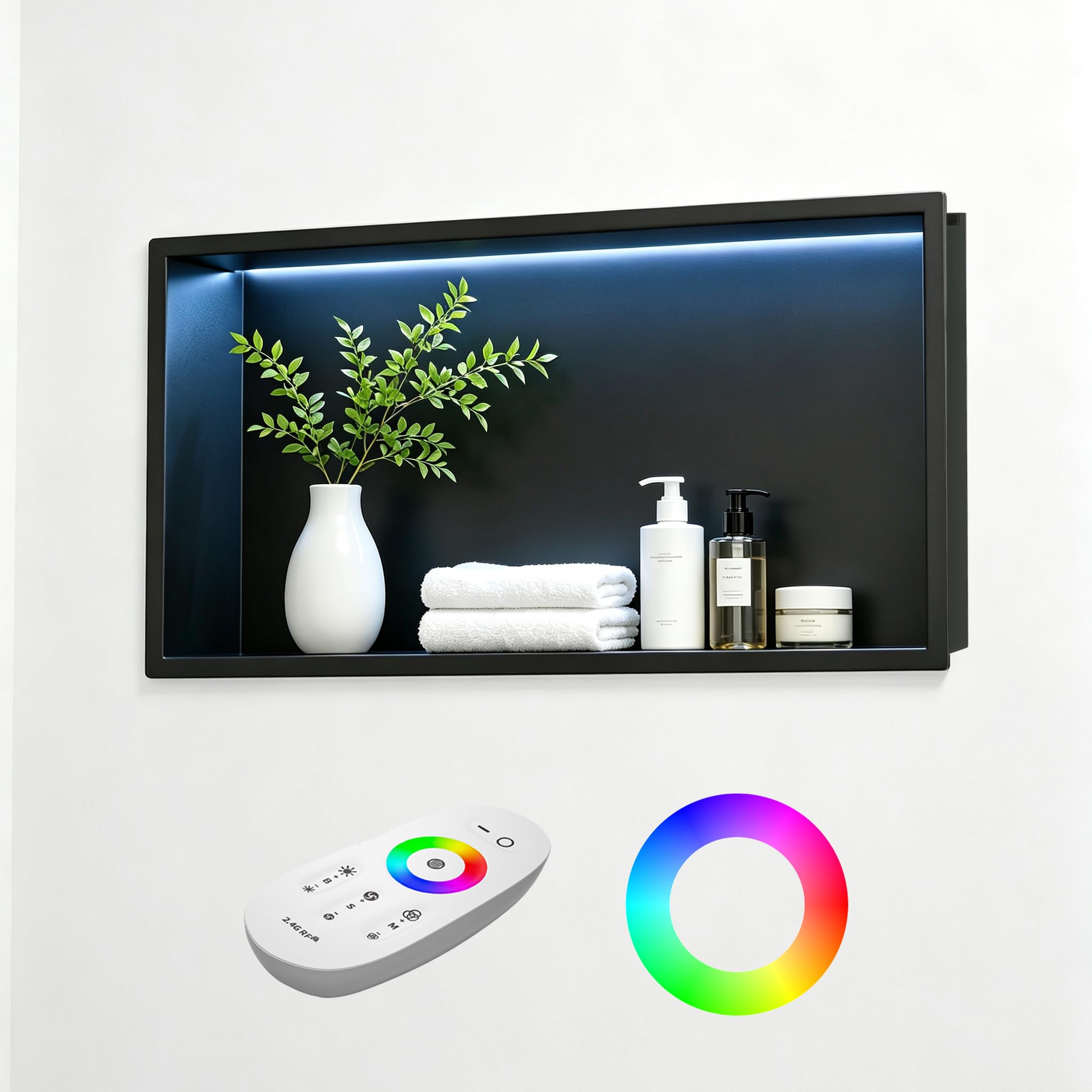 Duschnische Edelstahl mit RGB LED, Wandnische für das Bad | 20 dynamische Beleuchtungsmodi, Wandnische Dusche mit Fernsteuerung und Farbwechselbeleuchtung, 60cm×30cm, Schwarz