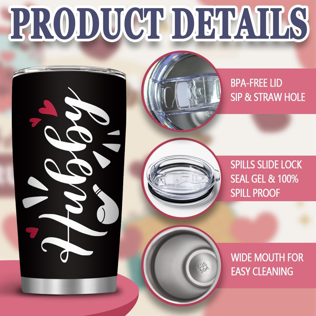 Gifts for Husband from Wife, 20oz Husband Tumbler, Husbands Gifts for Birthday Wedding Anniversary Thanksgiving Christmas, Romantic Gift for Him, Hubby Tumbler with Straw, 1 PCS - Image 3