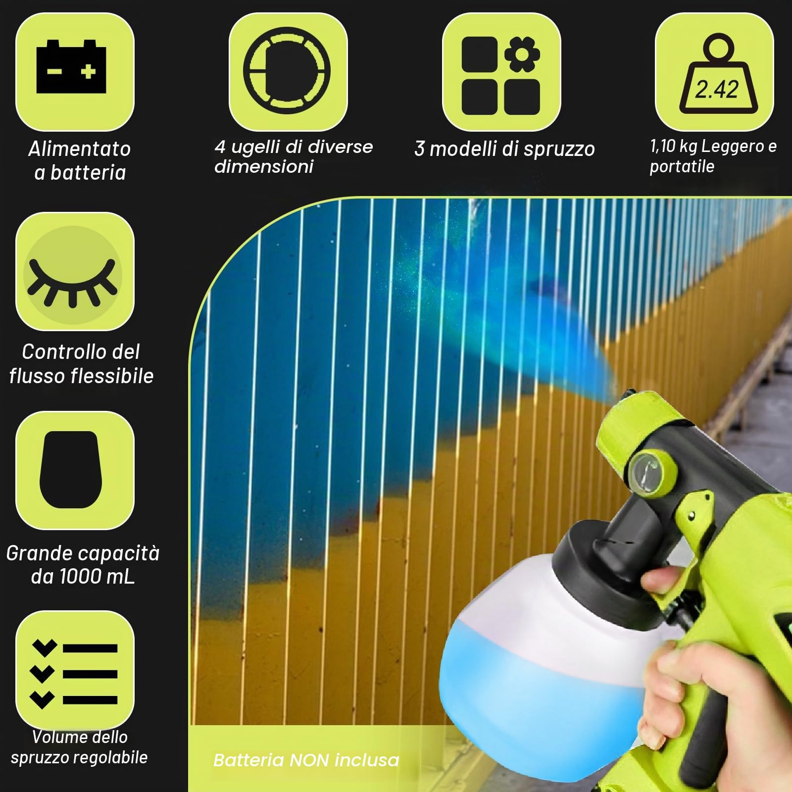 Spruzzatore di vernice senza fili per Ryobi 18 V, pistola a spruzzo elettrica HVLP portatile con 4 ugelli, contenitore da 1000 ml per pareti, recinzioni, casa fai da te pittura domestica