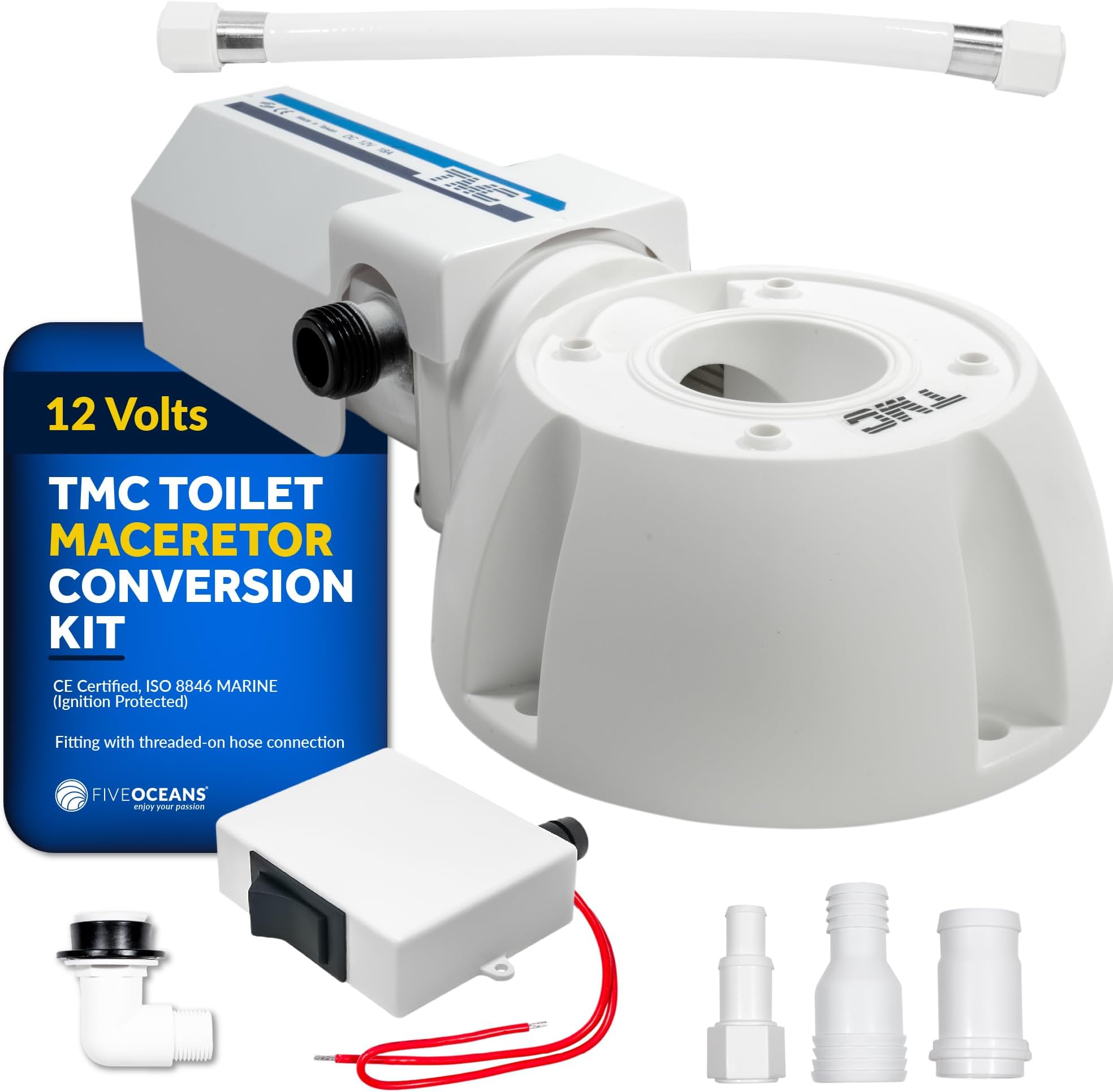 TMC Electric Toilet Macerator Conversion Kit with Threaded-On Hose Connection Includes Macerator Pump, Toilet Base, On-Off Control Switch, Hose for Boats, RV, Camper, Trailer, 12V - FO728