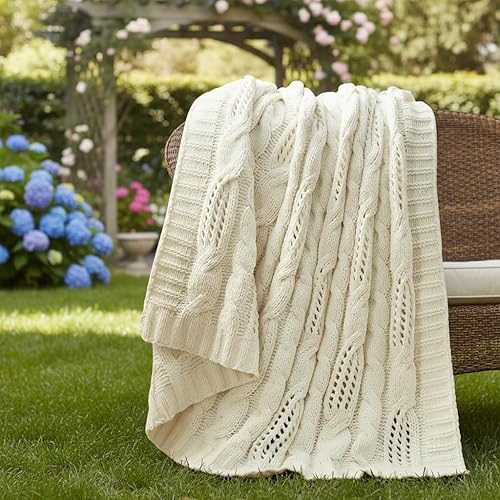 Amélie Home Chunky Knit Throw Blanket, Dual-Sided Soft Chenille Breathable Cable Knitted Blanket for Couch, Farmhouse Decorative Throw for Sofa & Chair, 50"x60", Ivory