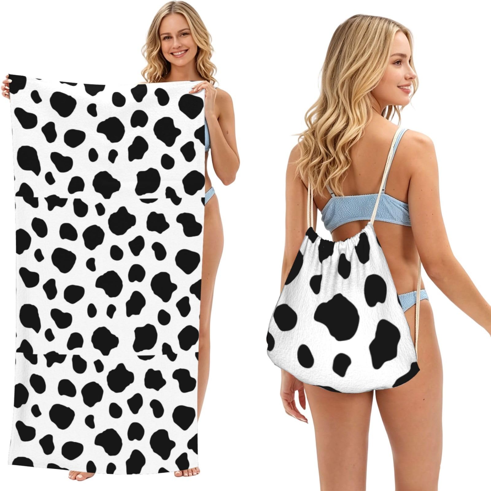 Poadnly As Picture Cow Spots, 2 In 1 Packable Towel Bag, Beach Towels With Drawstring Backpack For Travel Holiday Camping