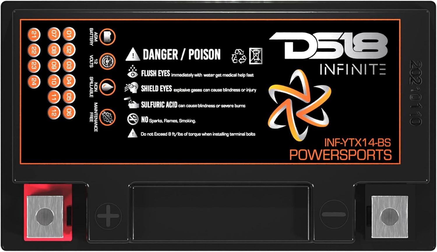 DS18 INF-YTX14-BS AGM Motorsports Motorcycle, ATV and UTV 14 AH 12V Battery, High Performance - Maintenance Free, Rechargeable AGM cell layered construction for maximum voltage (14AH)