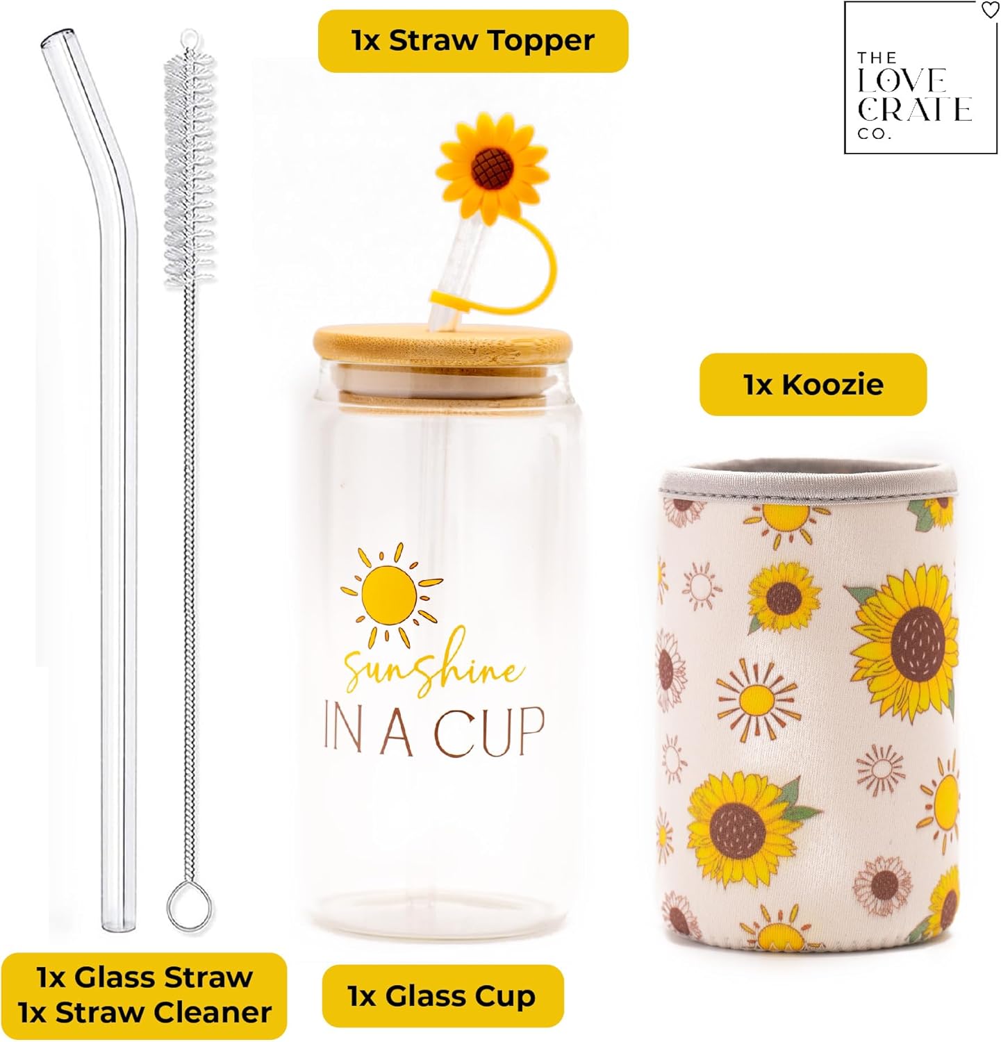 Sunflower Gifts for Women - Glass Tumbler with Lid and Straw, Customized Straw Stopper and Cup Sleeve. Aesthetic Unique Design Iced Coffee Gift Cup for Mom, Teacher, Friend - Image 2