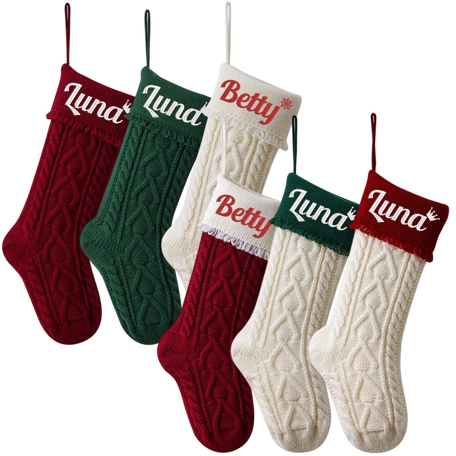 6 calze natalizie grandi con nomi personalizzati, 45 cm, con nome ricamato personalizzato, 45,7 cm, calza lavorata a maglia, per feste, Natale, decorazioni per la famiglia