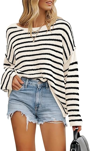 BTFBM Women's Striped Knit Sweaters 2025 Spring Fall Boat Neck Off Shoulder Long Sleeve Oversized Casual Pullover Tops