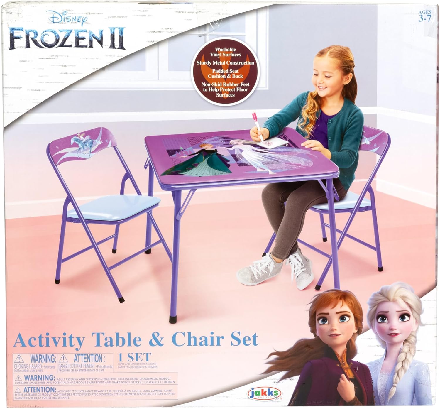Disney Frozen Kids Folding Table & Chairs Set for Kid and Toddler 36 Months Up to 7 Years, Includes: 1 Table (24" L x 24" W x 20" H), 2 Chairs (13" L x 13.5" W x 21" H) Weight Limit: 70 lb
