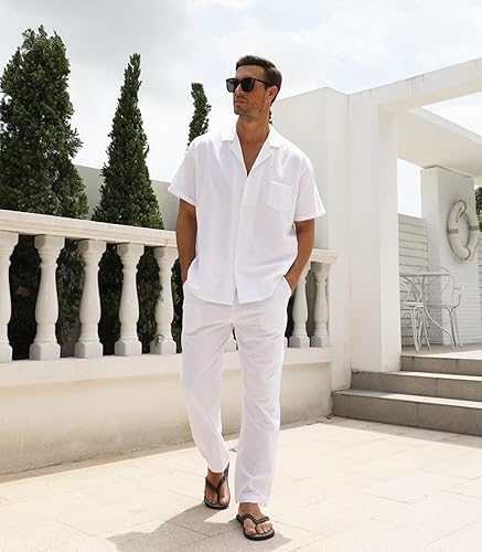 Miniatura 4 de RPOVIG Conjunto de camisa de lino y pantalones conjuntos de lino de 2 piezas para hombre, camisas de manga corta, pantalones de yoga, trajes de