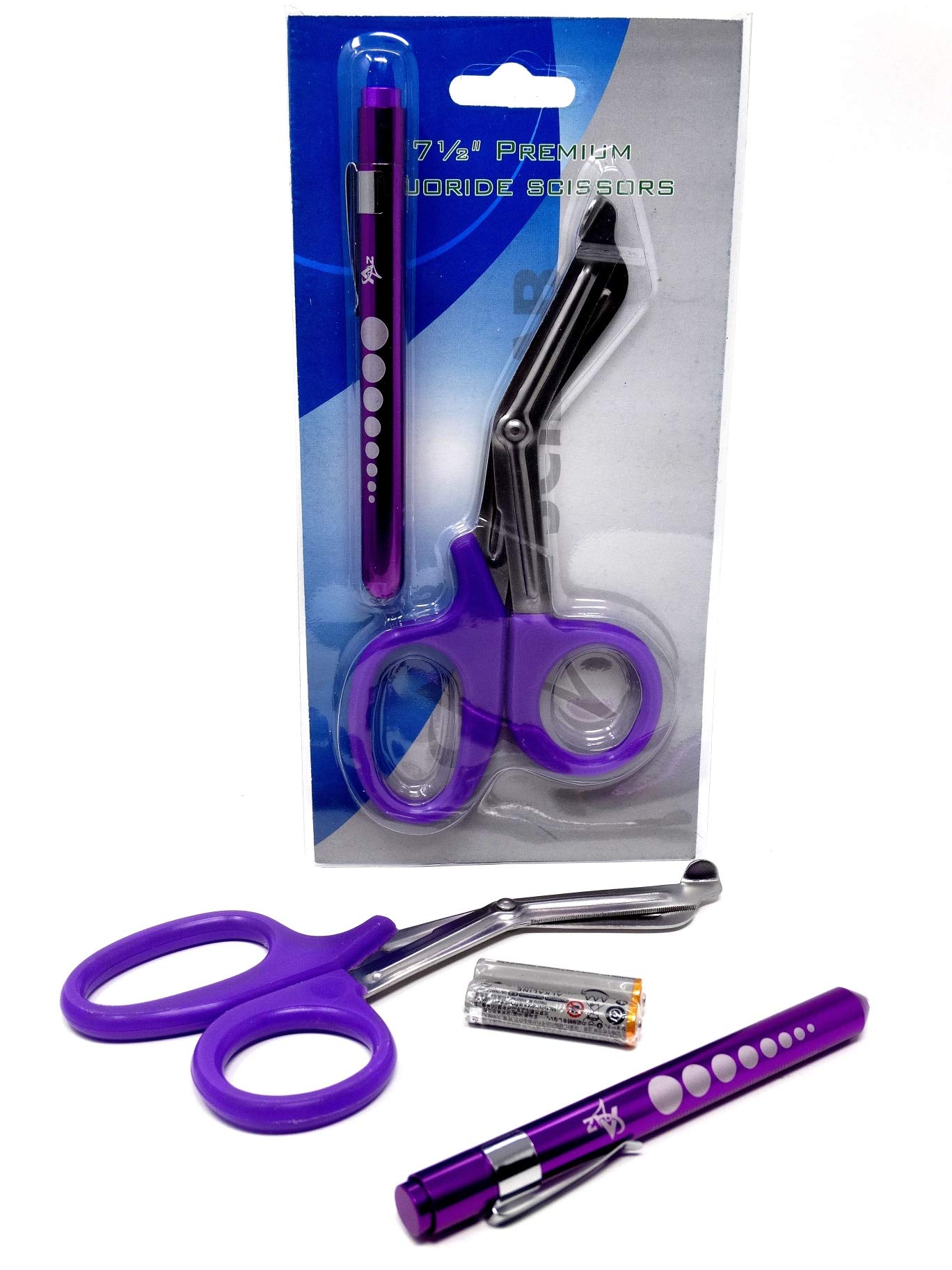 Purple Reusable LED Penlight with Batteries + Paramedic Utility Trauma EMT Bandage Shears Scissors 7.5