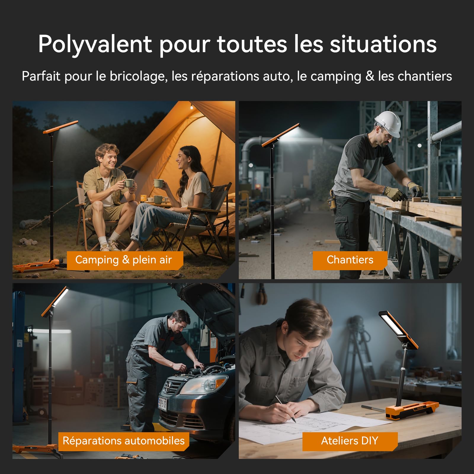 Projecteur LED Rechargeable 1500LM Lampe sur Pied Pliable avec Trépied Réglable, Éclairage de Chantier, Extérieur, Camping, Bricolage, Étanche IP54, Batterie Intégrée avec Charge Type-C