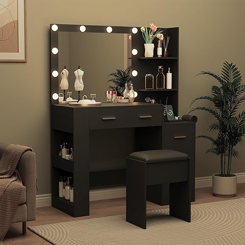 Vista 7 de Garvee Escritorio grande de tocador de 41 pulgadas con espejo de 10 bombillas y enchufes integrados, escritorio de maquillaje con 3 modos de Negro