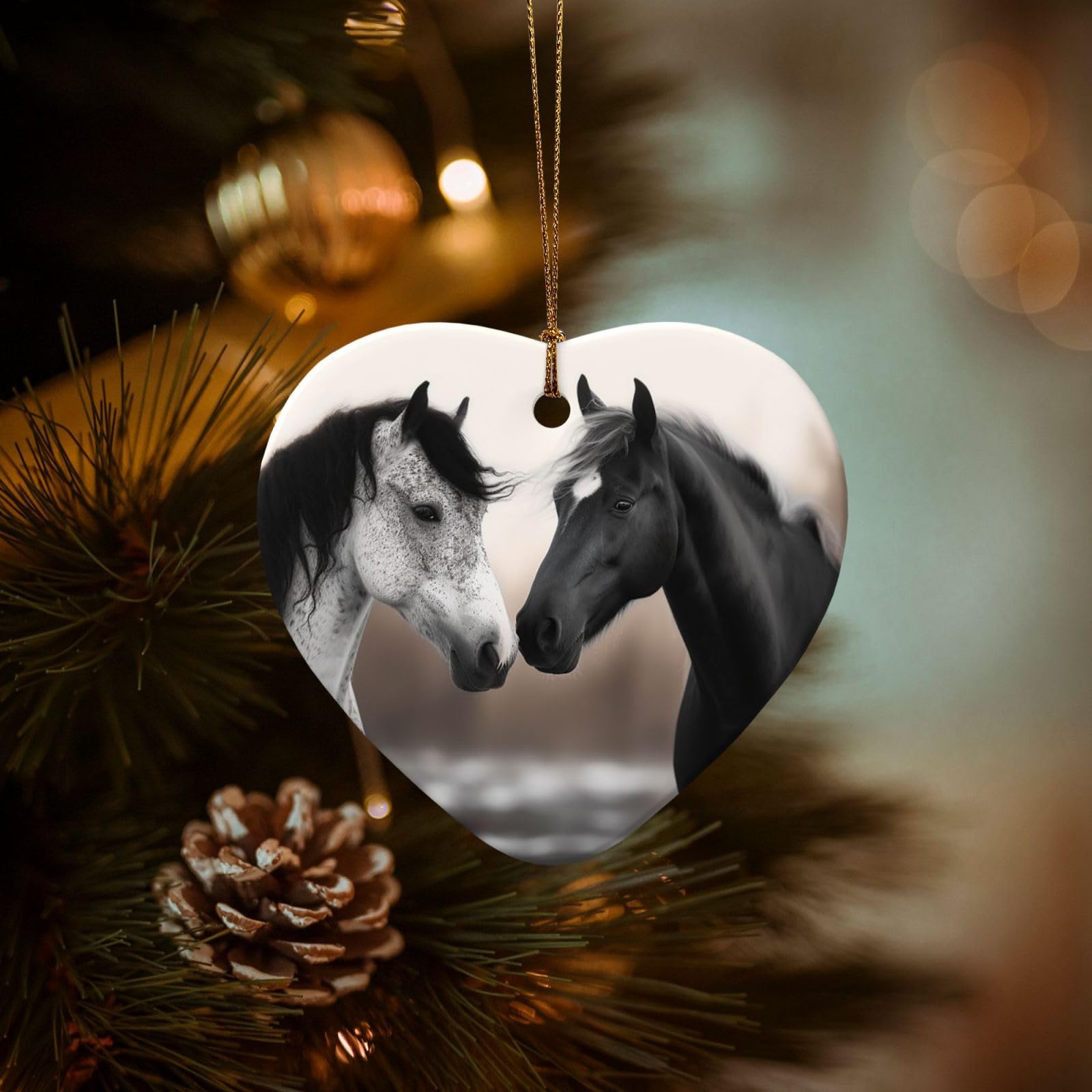 Christmas Ornaments for Christmas Tree Decoration Hanging Black and White Horses Ornament with Gold Ribbon Crafts Heart Shape Ceramic Pendant for Keepsake Gifts Xmas Decor Party Supplies