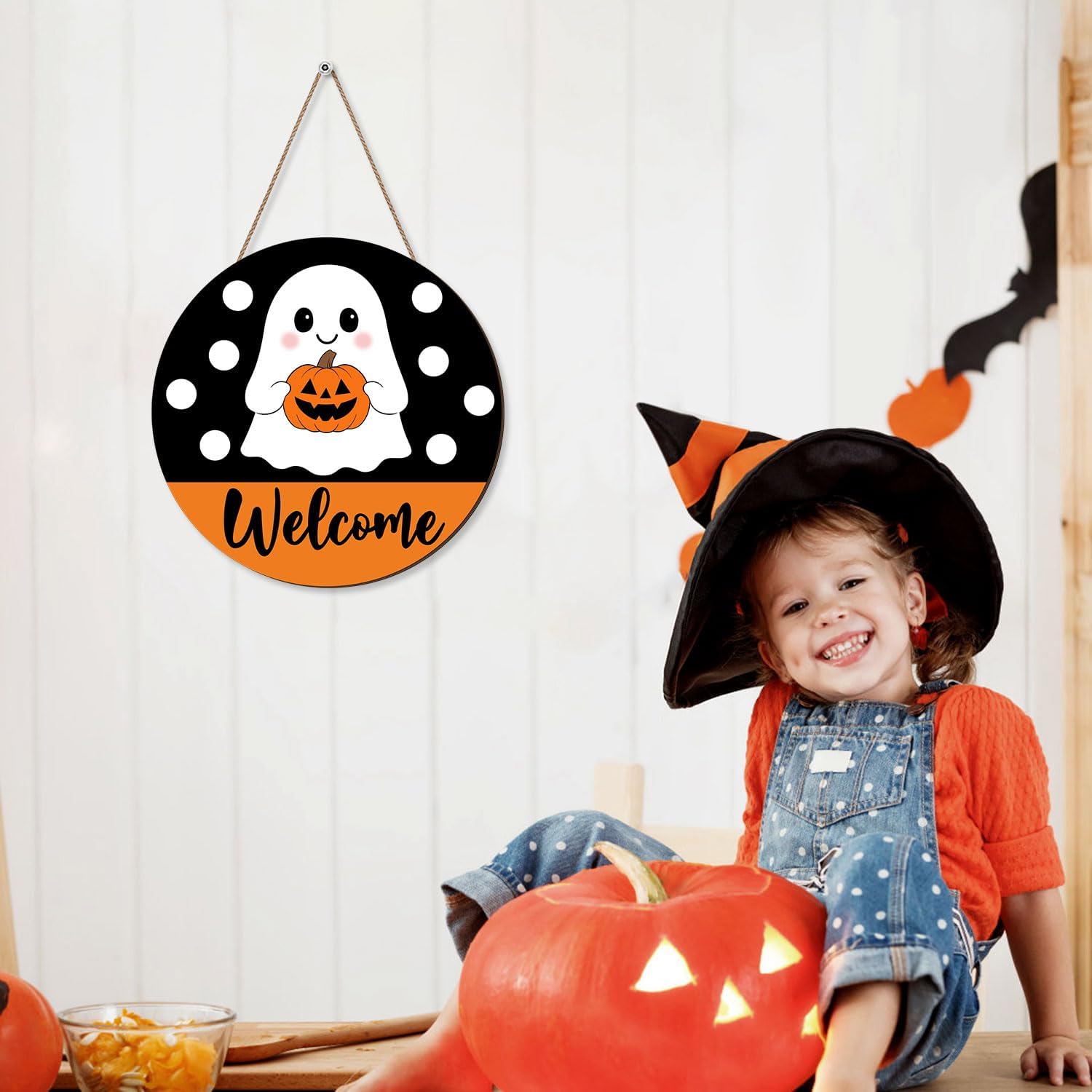Halloween Ghost Door Sign, Halloween Cute Ghost Welcome Front Door Hanger, Pumpkin Wooden Wreath Wall Sign For Home Party Outdoor Yard Decor Farmhouse Decorations Round