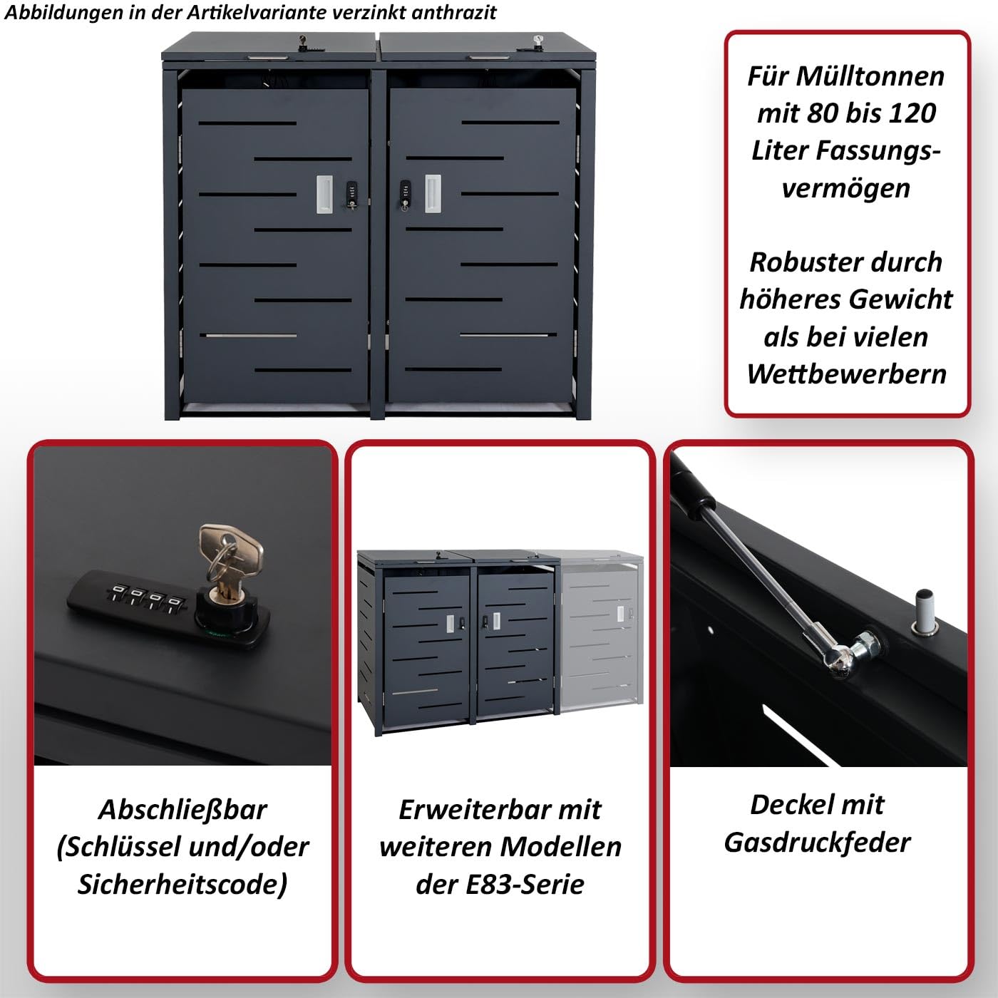 Mendler 2er-Mülltonnenverkleidung HWC-E83 103x115x63cm - Edelstahl | Mülltonnenbox, Mülltonnenabdeckung, erweiterbar, 38kg