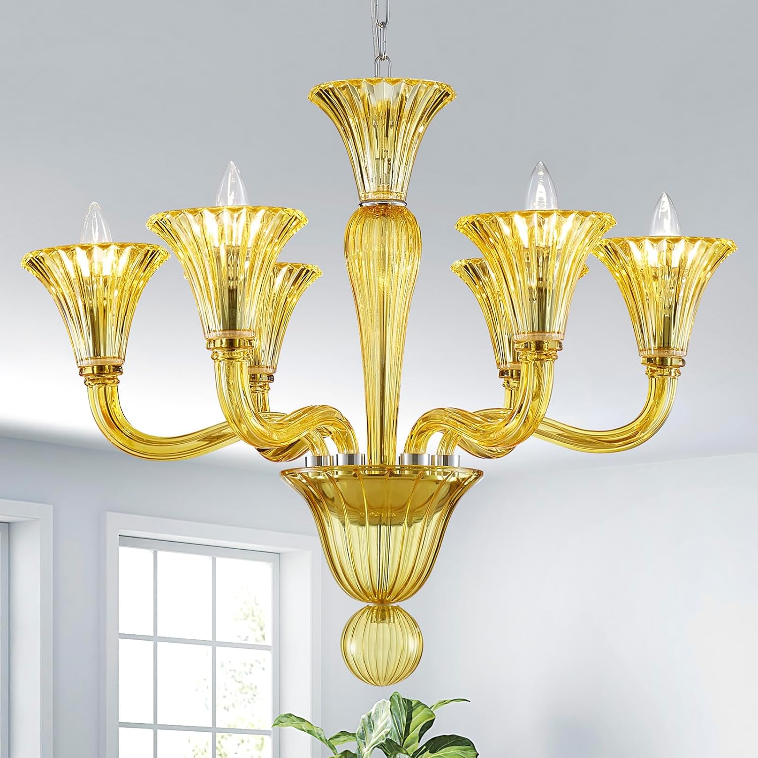 Saint Mossi 6 Light Crystal Chandelier, Modern Dining Room Light Fixture, Yellowish Green Crystal Pendant Light for Bedroom Livingroom, S Glass Tube, D30xW30xH20, E12 Socket
