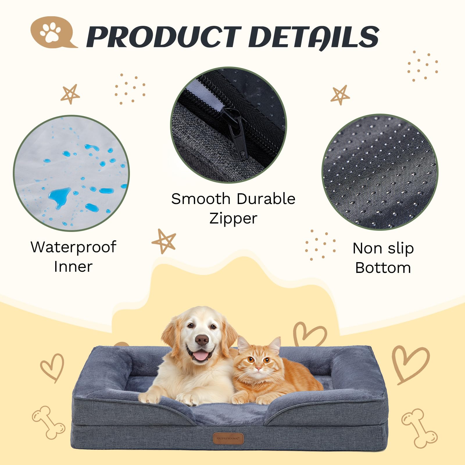 OUPEIWAWA Large Dog Bed Orthopedic with Bolster Sides Removable Egg-Crate Foam Waterproof Liner Pet Bed Sofa Couch with Removable Washable Cover Non-Slip Bottom, Dark Gray - image 3