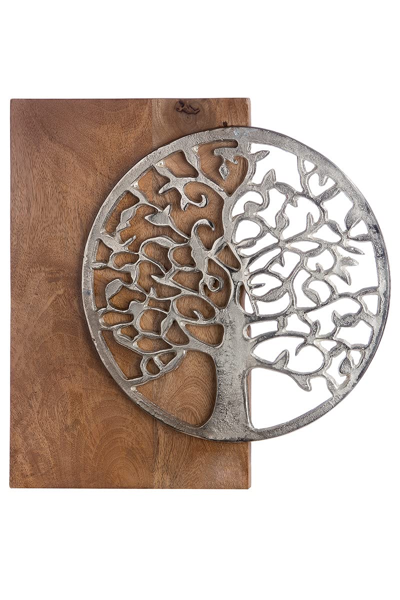 GILDE Deko Wandobjekt - Bild mit Motiv Lebensbaum aus Metall mit Haken zum Aufhängen - Hintergrund naturfarben aus Mangoholz - 45 x 45 cm